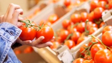 Kadının beyaz eller pazarı ve tutun birkaç renkli domates al. Seçim ve meyve ya da kırmızı sebze satın alma kavramı.