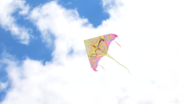 Kite met kleurrijke staarten. Veelkleurige Bright kite vrolijk gefladder tegen de hemel. — Stockvideo