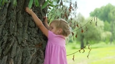 Park, küçük kız portre açık ağaç tırmanma oynayan 4 k çocuk.