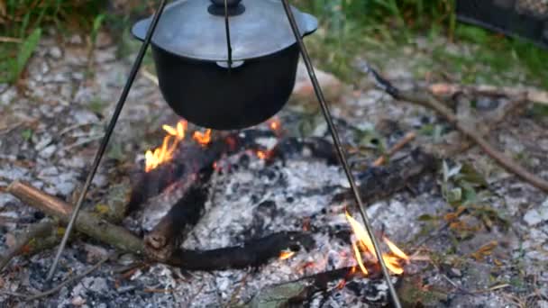 Kokande gryta med vatten på bränder utomhus — Stockvideo