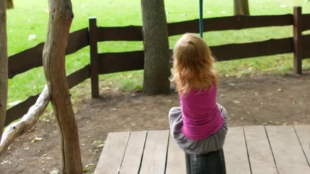 Tiro de menina sorrindo no balanço do pneu — Vídeo de Stock