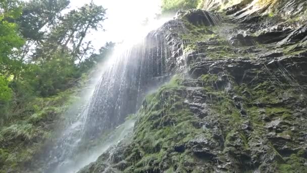 Carpathians에서 아름 다운 폭포입니다. 아래쪽에서 촬영 — 비디오
