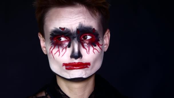 Sad joker. Woman in Halloween Makeup. — Stock Video