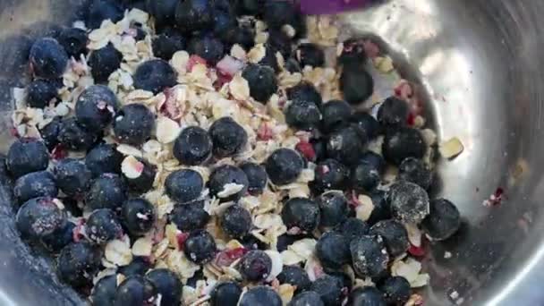 CLOSE UP Cereal with blueberries being scooped with a spoon for breakfast — Stock Video