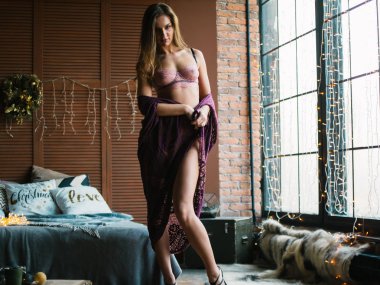 Sabah güneş ışınlarının bir arka plan karşı pencere siluet kadın. Noel kavramı