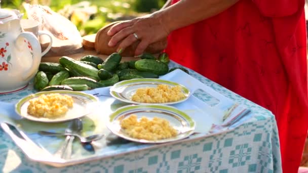 Büyükanne Çocuklar Açık Havada Akşam Yemeği Hazırlar Omlet Masada Porsiyon — Stok video