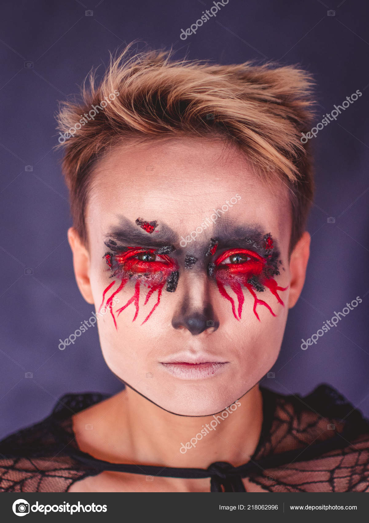 Makeup for Halloween. Portrait of a girl with bleeding eyes. — Stock
