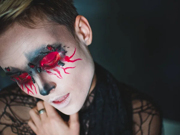 Makeup for Halloween. Portrait of a girl with bleeding eyes. — Stock Photo, Image