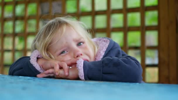 Den lilla flickan gråter i lusthuset. Regnig höstdag — Stockvideo