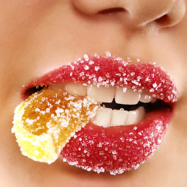 Testét, kiterítvén, cukor, vörös ajkak — Stock Fotó