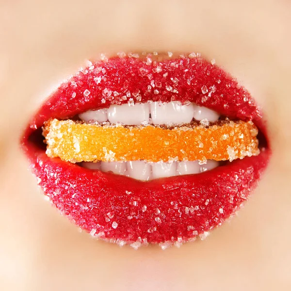 Testét, kiterítvén, cukor, vörös ajkak — Stock Fotó