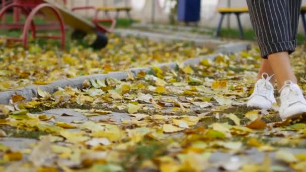 Voeten in schoenen op gras met herfst bladeren. — Stockvideo