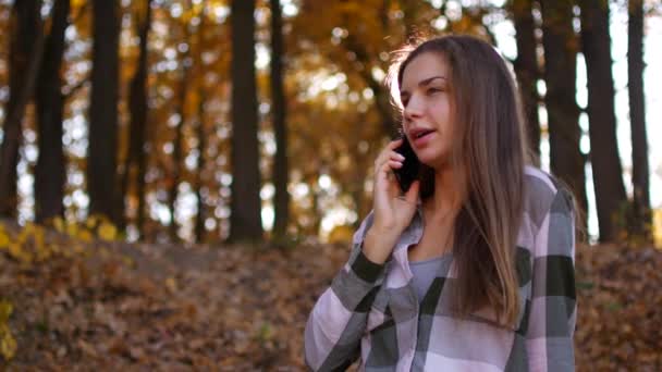 Fille dans la forêt jaune. Femme parlant au téléphone dans la forêt d'automne . — Video