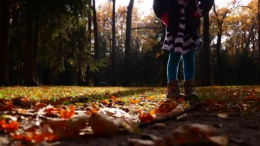 Küçük kız sonbahar ormanın içinde meşe palamutları toplar
