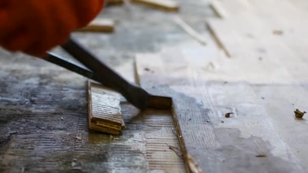 Pracovník demontuje parketové podlahy — Stock video