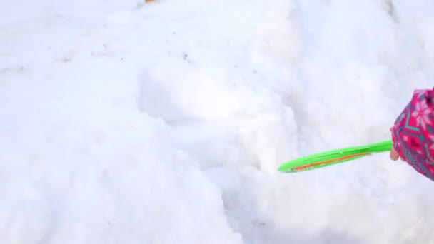 Niño de rodillas cavando en la nieve — Vídeo de stock