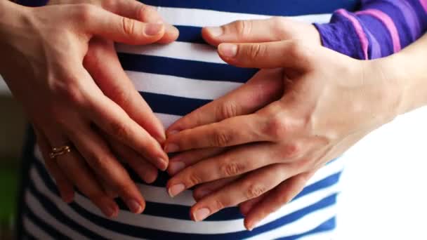 Moeder en vader handen op zwangere buik. Zwangere paar strelen zwangere buik. Aanstaande moeder zorg. — Stockvideo