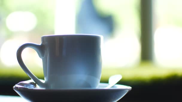 Una taza de café en un café, una mano toma una taza y después de un tiempo la pone en su lugar — Vídeos de Stock