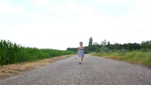 Gyermek lány sétált a vidéki úton — Stock videók