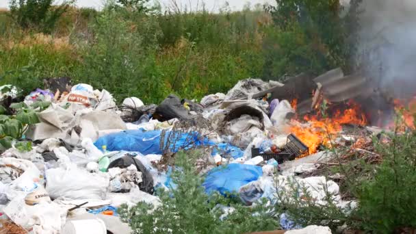 Incendio alla discarica. Bruciare immondizia, ecologia in pericolo — Video Stock