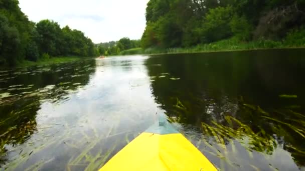 Kajak kilátás az orron, nyugodt folyó — Stock videók