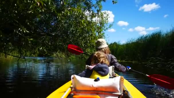 Un niño en un kayak en el río. Actividades familiares al aire libre . — Vídeos de Stock