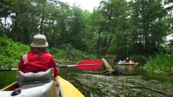 Gente irreconocible, una joven trabaja duro con un remo en un kayak en el río — Vídeos de Stock