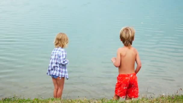 Enfants frère et soeur jouer près du lac — Video