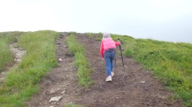 Çocuk izleme direkleri ile yüksek bir zirveye yürüyerek tırmanıyor.