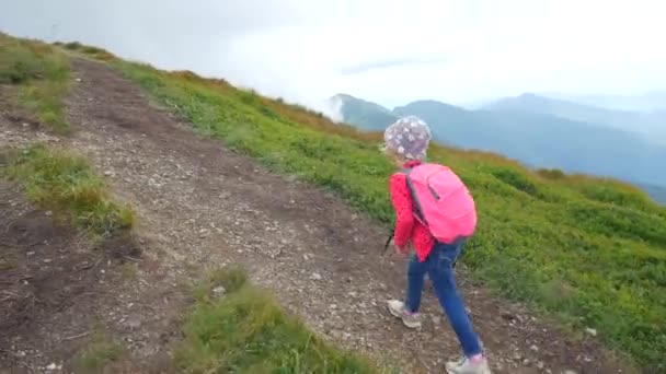Child climbs on foot to a high peak with tracking poles. — Stock Video