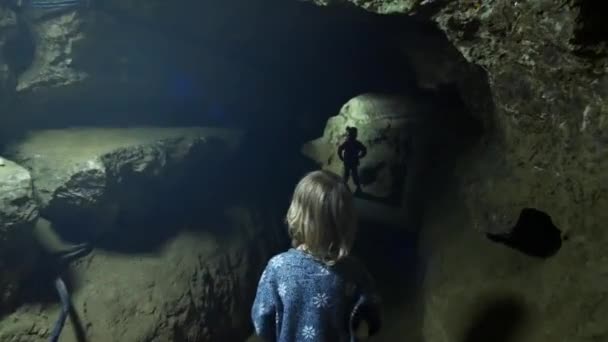 Underground caves inside view, rock formations and stalactites — Stock Video