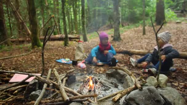 Childs near the campfire. Active Family Vacation Concept — Stock Video