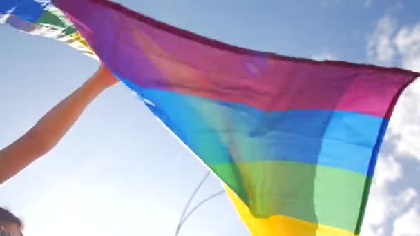 Bandeira LGBT acenando contra o céu — Vídeo de Stock