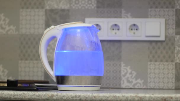 Ein Wasserkocher in der Küche kocht und schaltet sich aus — Stockvideo