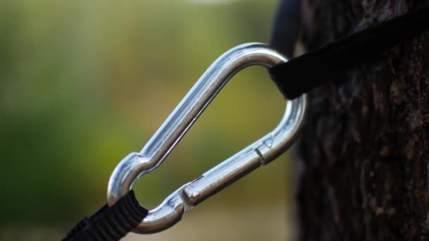 A carbine mounted on a tree, holds a hammock — Stock Video