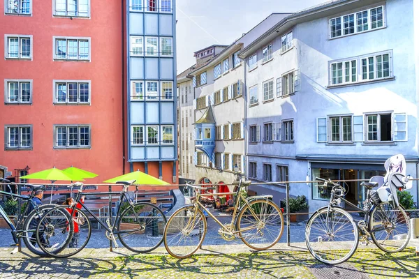 Bicycles parked on the street in the old town of Zurich, Switzerland