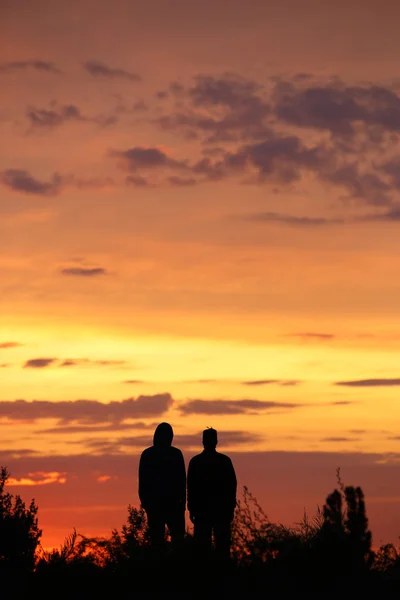 Silohuette Deux Hommes Gays Regardant Soleil Plein Air Soir Couple — Photo