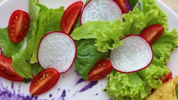 乾燥トマト ギリシャのフェタ チーズ 新鮮な緑のほうれん草おいしいオムレツ料理葉ブランチ カフェで白い皿の上お召し上がりいただけます レストランで ランチのおいしい自然食品 朝オムライスあり 食事をお楽しみください — ストック動画