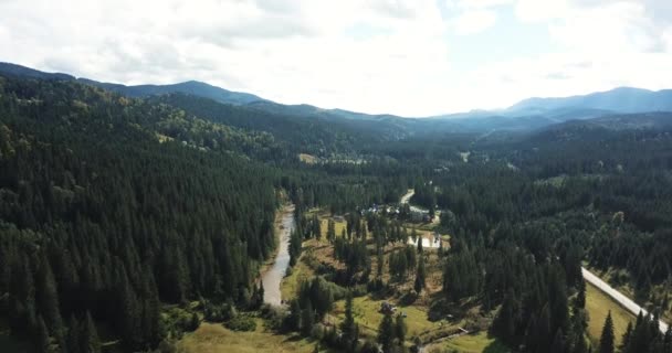 Aereo Drone Filmato Della Città Foresta Nelle Montagne Dei Carpazi — Video Stock