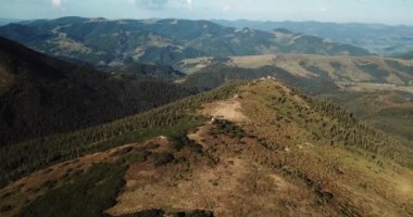 Mavi bulutlu gökyüzünün altında yeşil ormanlarla kaplı güzel Karpat dağlarının görüntüleri. Avrupa 'da aktif turizm için popüler seyahat yeri. Sonbaharda Karpatların doğal güzelliğinin tadını çıkar..