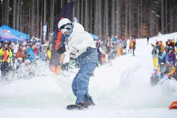 Bukovel Ukrayna Mart 2018 Snowboard Havuzu Reçel Yarışması Snowboard Düşkünleri — Stok fotoğraf