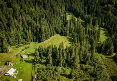 Güzel hava dron Karpat Dağları orman ve yeşil ile çevrili küçük yayla kasabada fotoğrafını. Güney Avrupa'nın aktif Turizm için popüler seyahat hedef.