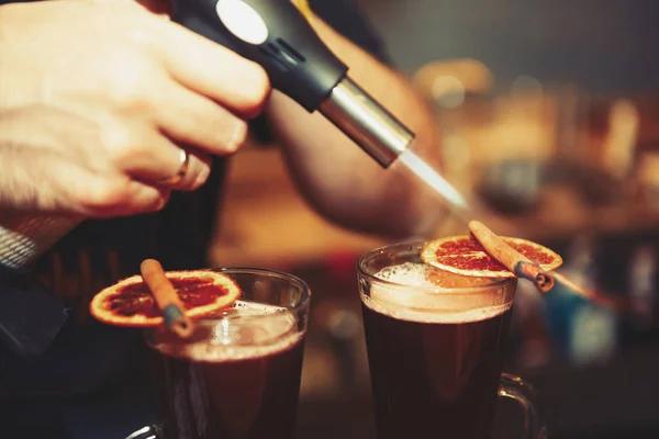 Barman Prepares Glintwein Cocktail Cold Autumn Day Bartender Burns Cinnamon — Stock Photo, Image