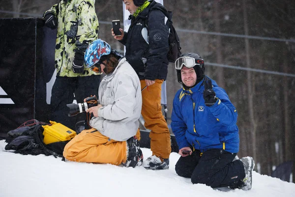 Boekovel Oekraïne Maart 2018 Riders Filmen Snowboard Competitie Winter Park — Stockfoto