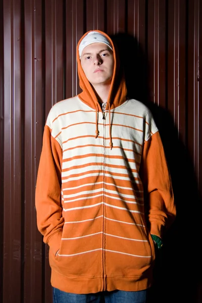 Young Hip Hop Boy Posing Outdoors Night Street Corner Hustler — Stock Photo, Image