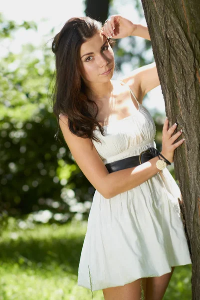 Healthy Attractive Young White Girl Posing Outdoors Bright Sunny Summer — Stock Photo, Image