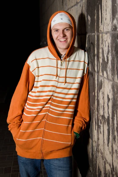 Young Hip Hop Boy Posing Outdoors Night Street Corner Hustler — Stock Photo, Image