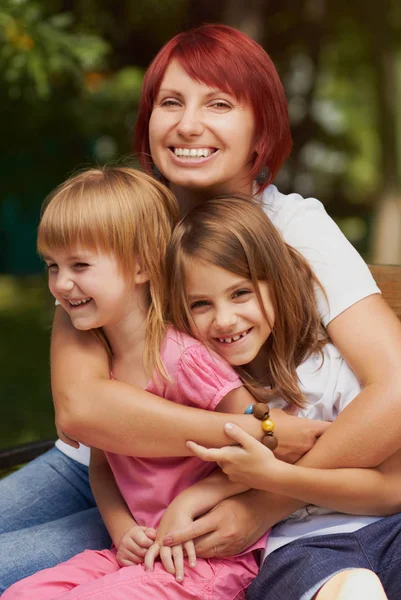 Mother Her Pretty Little Daughters Posing Outdoors Bright Sunny Day — Stock Photo, Image