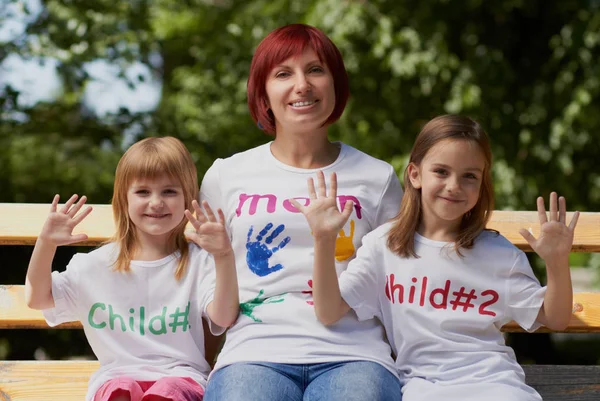 Mother Her Pretty Little Daughters Posing Outdoors Bright Sunny Day — Stock Photo, Image