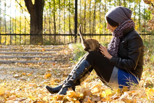 매력적인 여자와 따뜻한가 공원에 고양이 — 스톡 사진